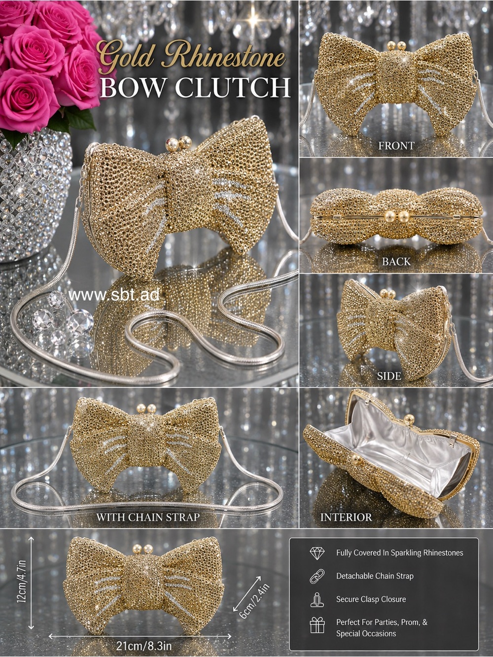 NWT Bow Clutch Purse Sparkling Bling Swarovski Crystal Rhinestone Bag +Gift - Picture 12 of 14